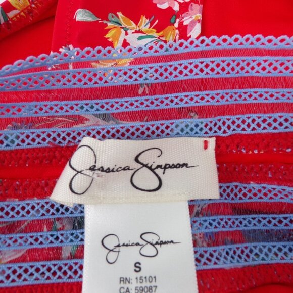 Jessica Simpson Swim Bottom High Waisted Red Floral with Lace Trim. EUC. Size S - Picture 5 of 7